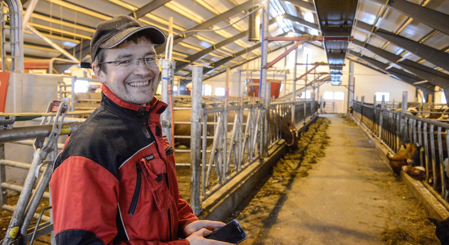 Ola S. Grøv er godt nøgd med kvardagen som bonde med mjølkerobot, automatisk foring og nybygd fjøs til 36 kyr.